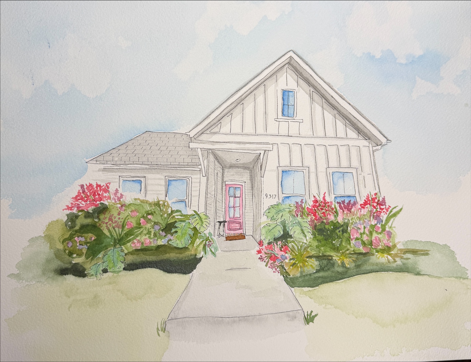 Watercolour and ink portrait of a white board-and-batten house with a pink front door and flower beds.