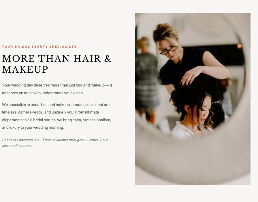 Salon 717 about section: “More than hair & makeup” beside a mirror photograph of a stylist at work