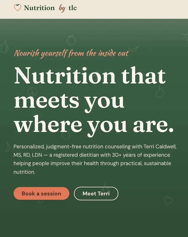 Nutrition by TLC homepage on a phone: deep green, the headline “Nutrition that meets you where you are.”
