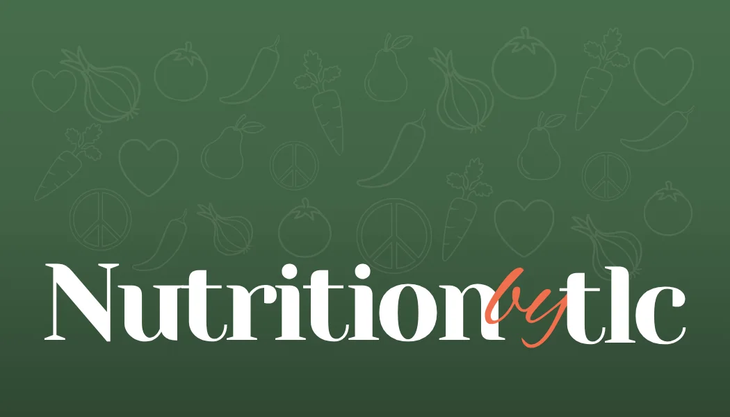 The Nutrition by TLC wordmark on green, with a hand-drawn pattern of vegetables, hearts, and peace signs